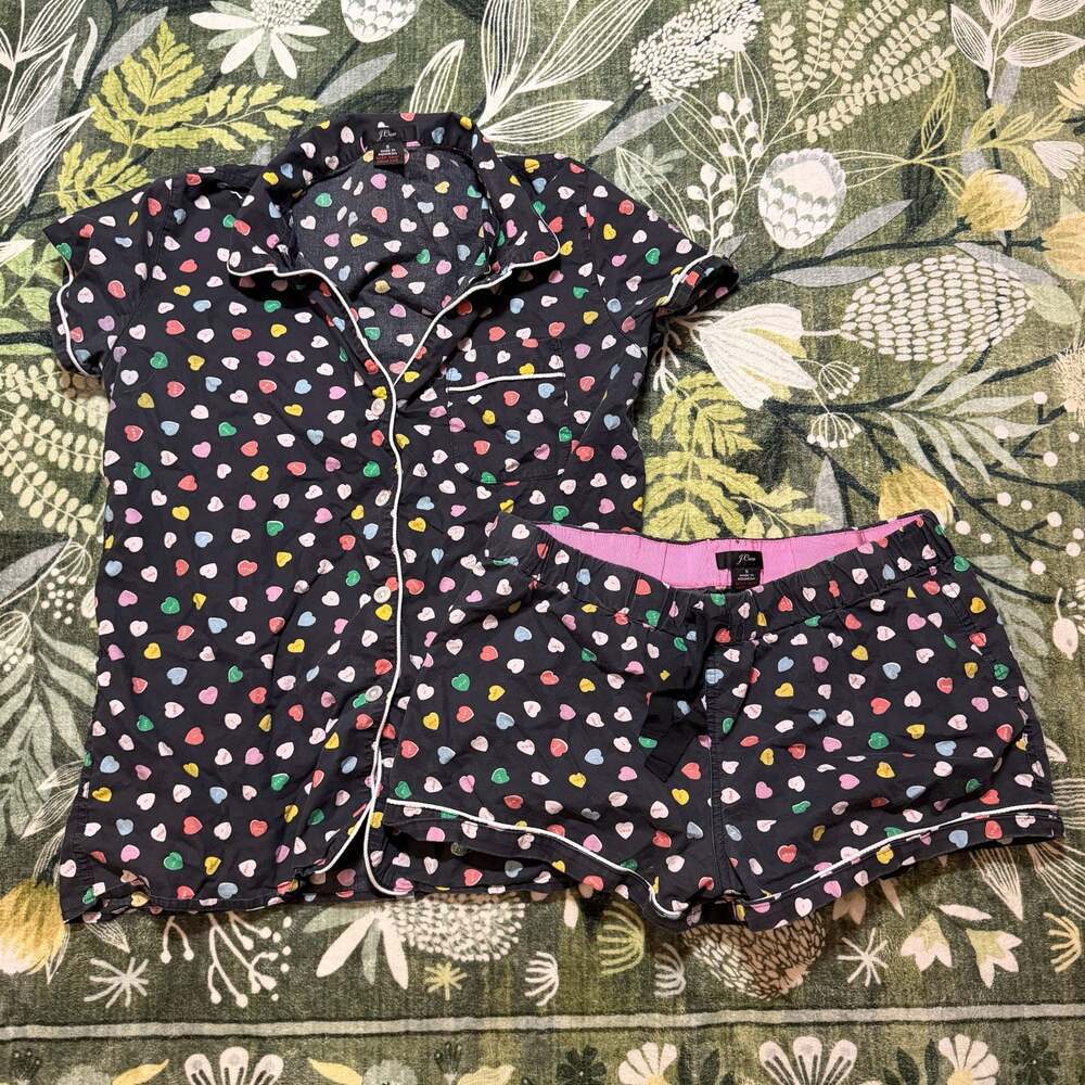 J.Crew Women's Black Heart-Print Short Sleeve Button-Front Pajama Set